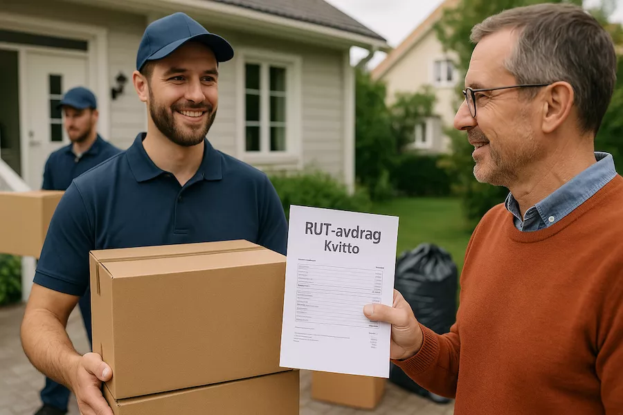 Flyttfirma bär kartonger och kund visar kvitto för RUT-avdrag